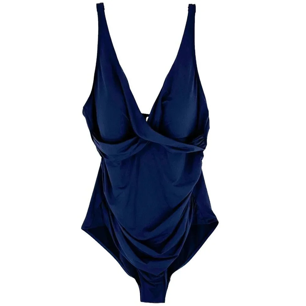 Sea Level Navy Blue Cross Front Shirred One Piece Convertible Swimsuit Size 18